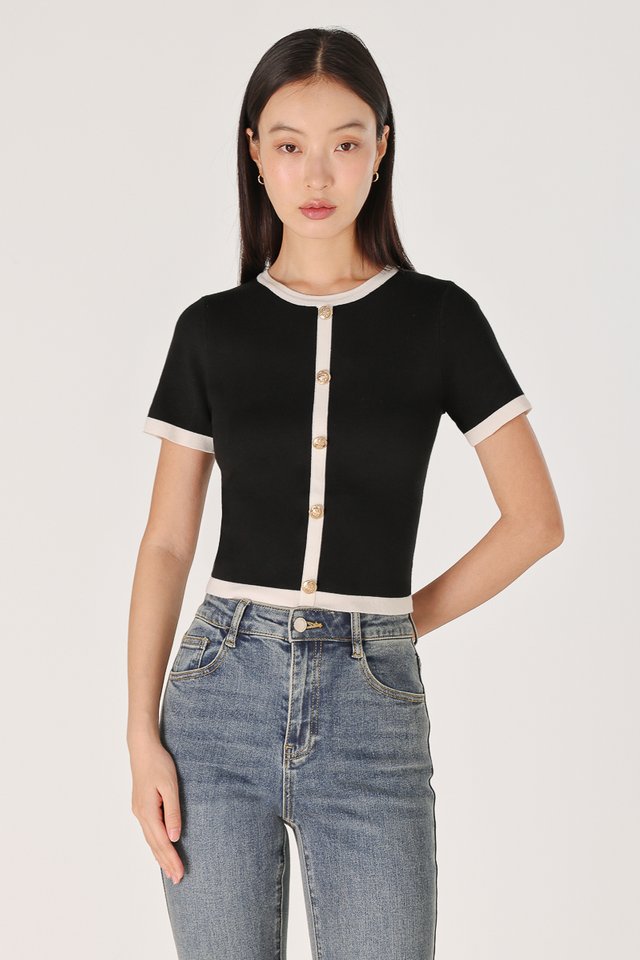 ETON CONTRAST TRIM VINTAGE BUTTON KNIT TOP (BLACK)