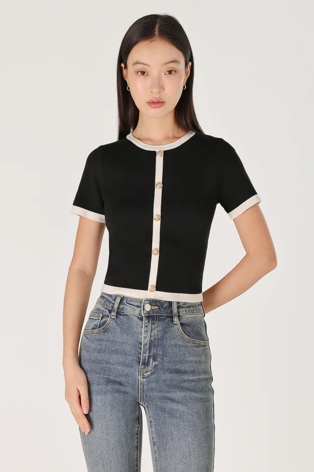 ETON CONTRAST TRIM VINTAGE BUTTON KNIT TOP (BLACK)
