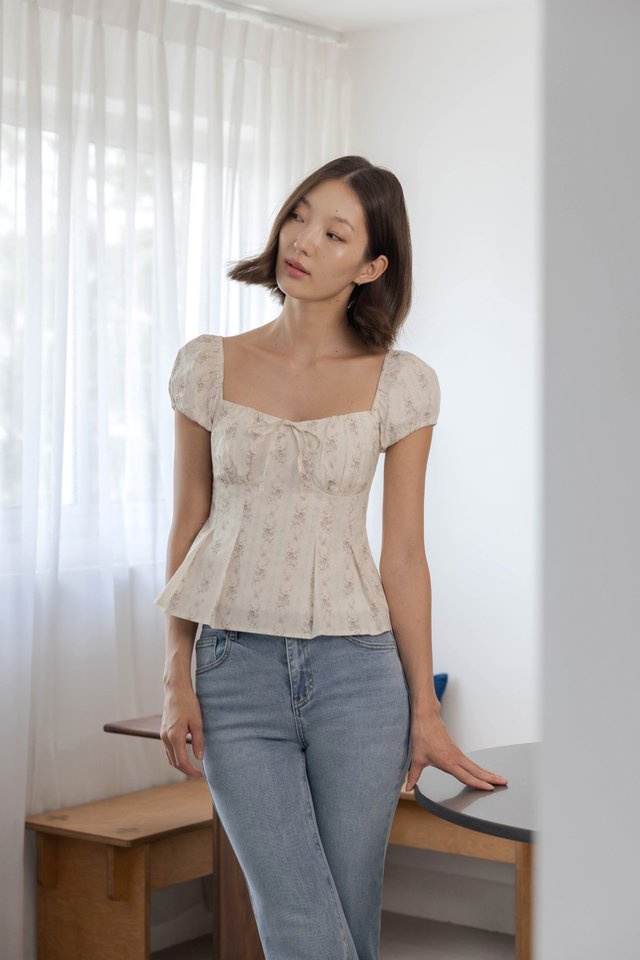 LENI PADDED PLEATED BUSTIER PUFFY SLEEVE TOP (FLORAL)