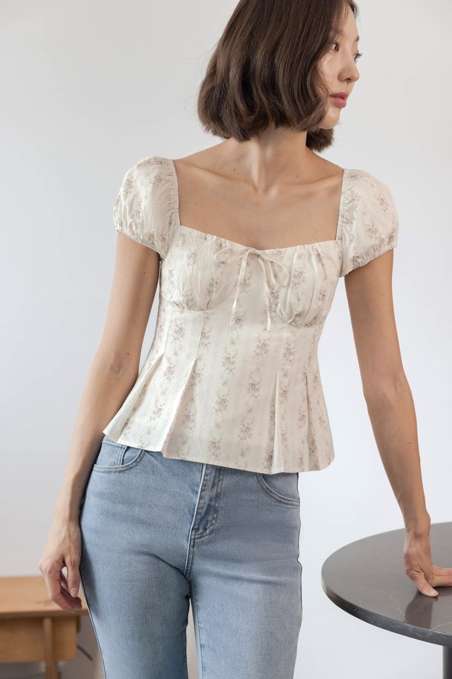 LENI PADDED PLEATED BUSTIER PUFFY SLEEVE TOP (FLORAL)