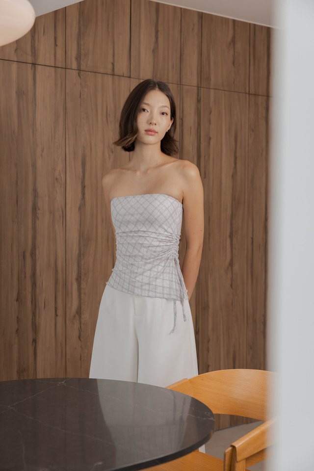 NOVELLA PADDED MESH ASYMMETRICAL DRAWSTRING TUBE TOP (CHECKERED)
