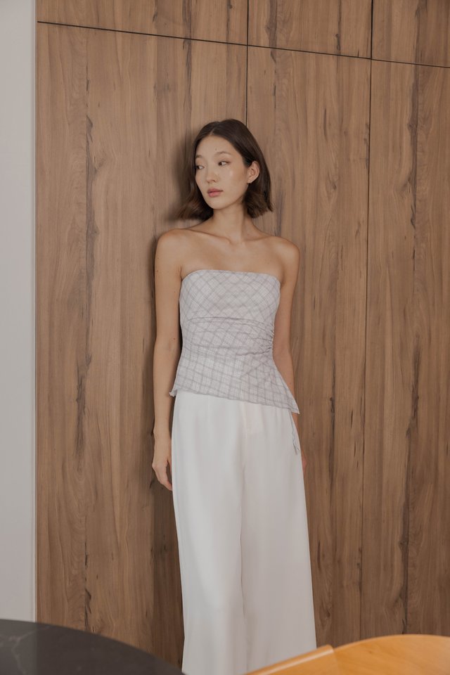NOVELLA PADDED MESH ASYMMETRICAL DRAWSTRING TUBE TOP (CHECKERED)