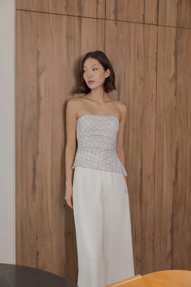 NOVELLA PADDED MESH ASYMMETRICAL DRAWSTRING TUBE TOP (CHECKERED)