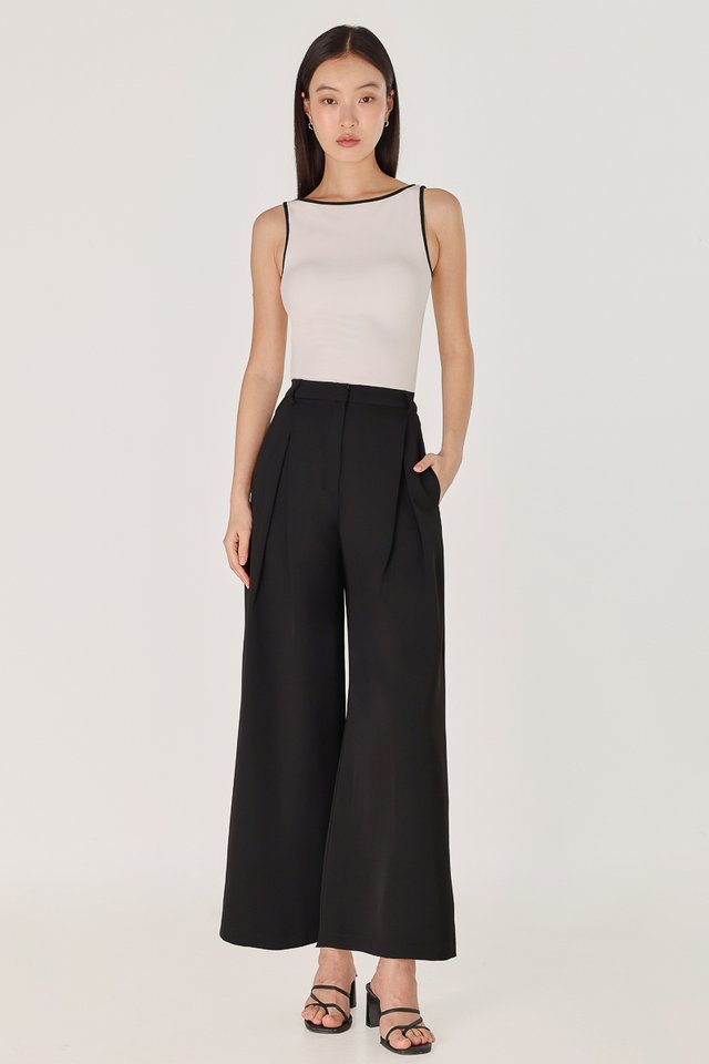 OWEN INVERTED PLEAT WIDE LEG PANTS - PETITE (BLACK)
