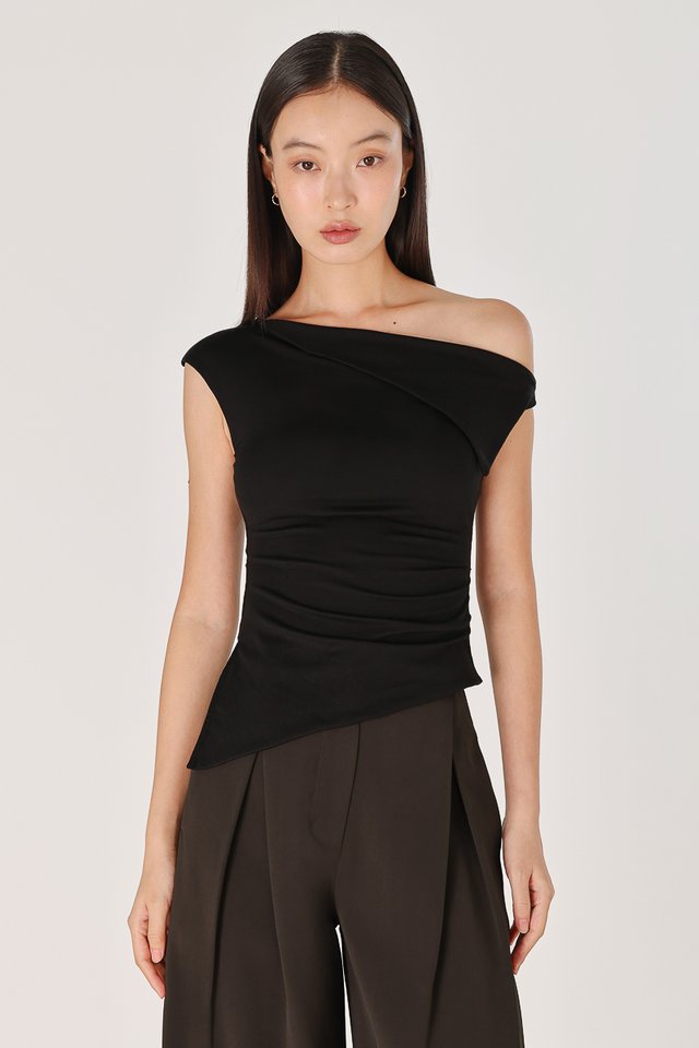 VERENE PADDED FOLDOVER ASYMMETRICAL SIDE SLIT JERSEY TOP (BLACK)