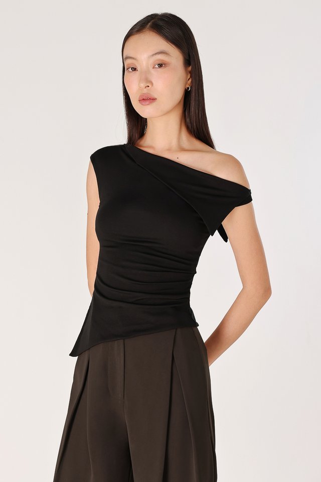 VERENE PADDED FOLDOVER ASYMMETRICAL SIDE SLIT JERSEY TOP (BLACK)