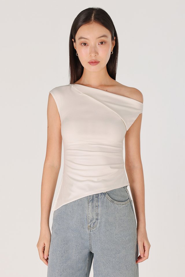 VERENE PADDED FOLDOVER ASYMMETRICAL SIDE SLIT JERSEY TOP (WHITE)