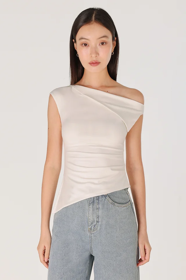 VERENE PADDED FOLDOVER ASYMMETRICAL SIDE SLIT JERSEY TOP (WHITE)