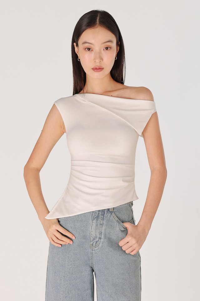 VERENE PADDED FOLDOVER ASYMMETRICAL SIDE SLIT JERSEY TOP (WHITE)