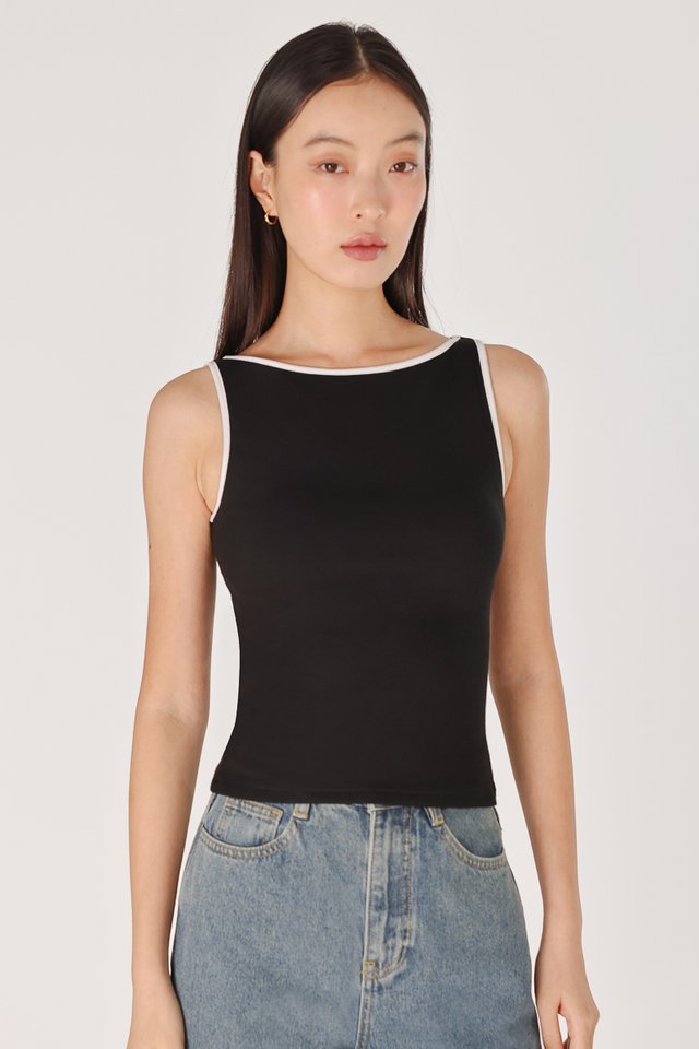 JERNELL PADDED CONTRAST TRIM RIBBED BOATNECK TOP (BLACK)