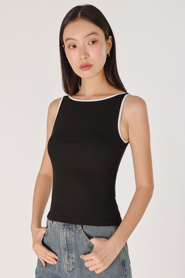 JERNELL PADDED CONTRAST TRIM RIBBED BOATNECK TOP (BLACK)