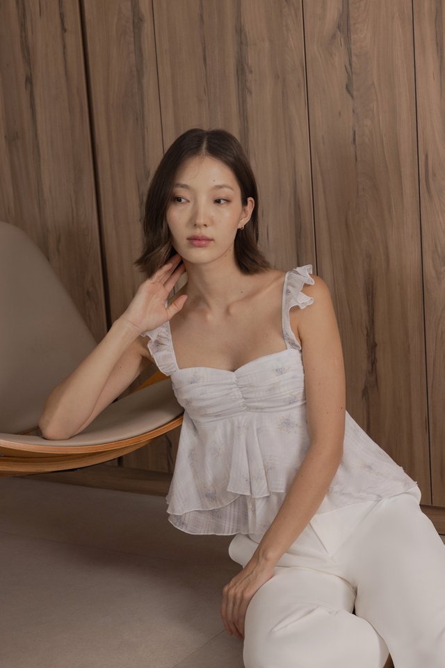 ASTHER PADDED CHIFFON RUFFLE SLEEVE RUCHED TOP (FLORAL)