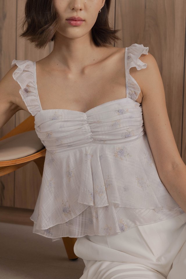 ASTHER PADDED CHIFFON RUFFLE SLEEVE RUCHED TOP (FLORAL)