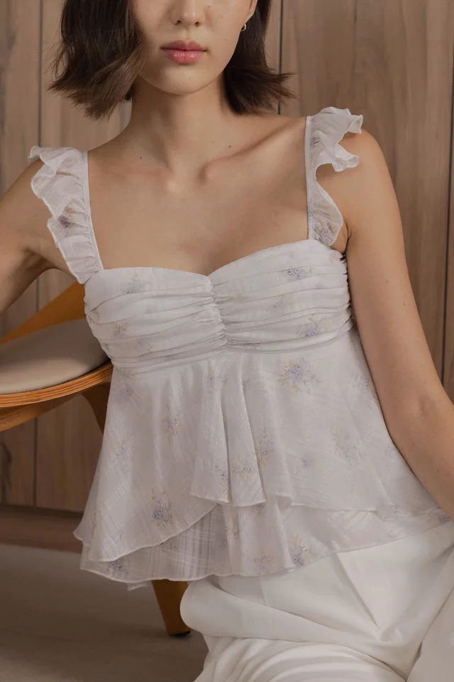 ASTHER PADDED CHIFFON RUFFLE SLEEVE RUCHED TOP (LILAC FLORAL)