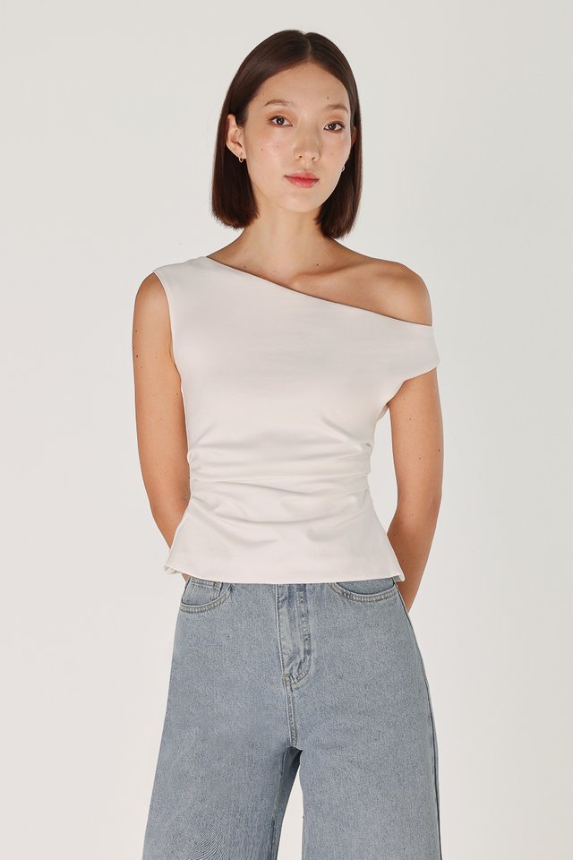 ELOUISA OFF SHOULDER SIDE RUCHED TOP (WHITE)