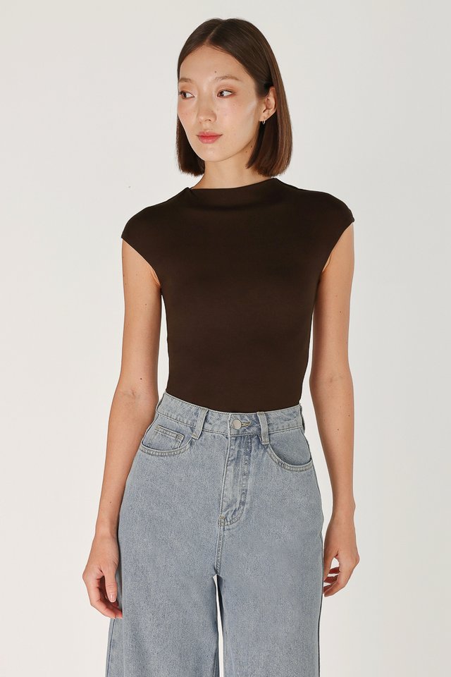 BERNADETTE MOCK NECK CAPPED SLEEVE TOP (BROWN)