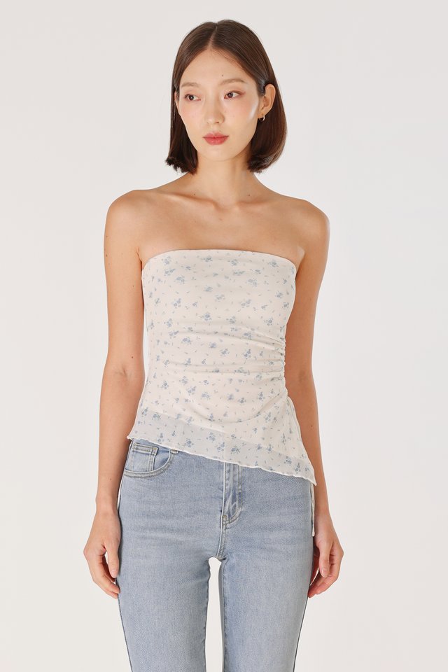 NOVELLA PADDED MESH ASYMMETRICAL DRAWSTRING TUBE TOP (FLORAL)