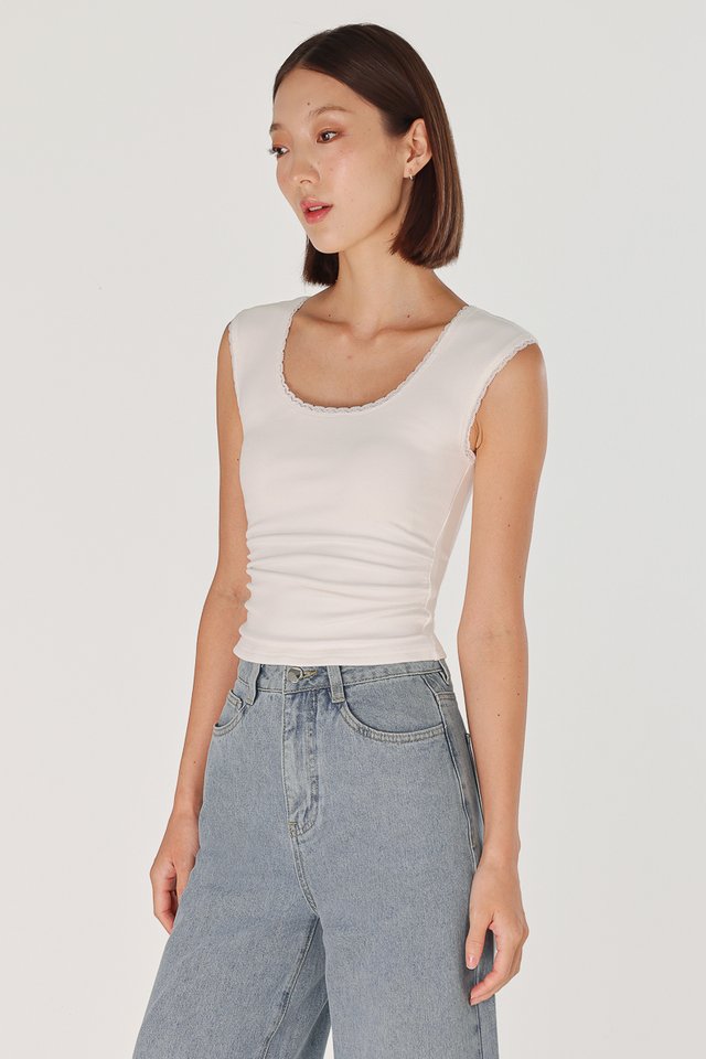 ELLIS PADDED LACE TRIM SCOOP NECK RIBBED TOP (WHITE)