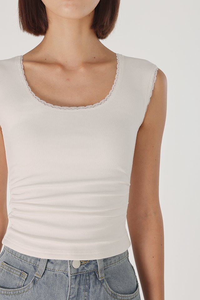 ELLIS PADDED LACE TRIM SCOOP NECK RIBBED TOP (WHITE)
