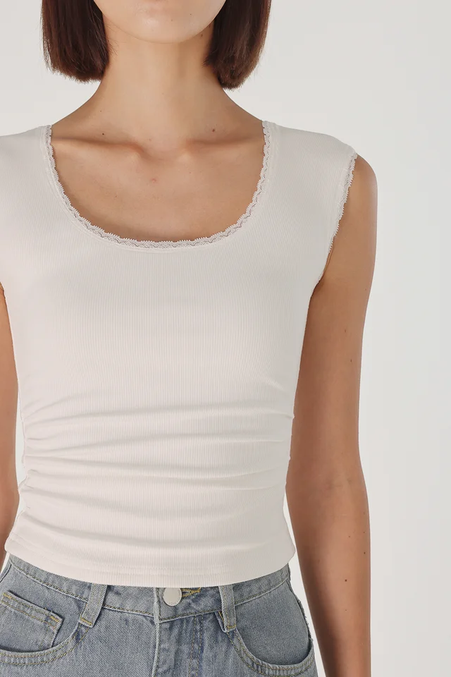 ELLIS PADDED LACE TRIM SCOOP NECK RIBBED TOP (WHITE)