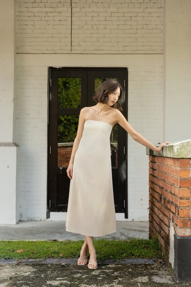 JULIA PADDED LINEN PANELLED TWO-WAY FLARE MIDAXI DRESS