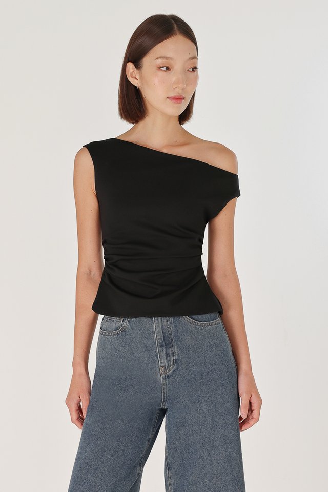 ELOUISA OFF SHOULDER SIDE RUCHED TOP (BLACK)