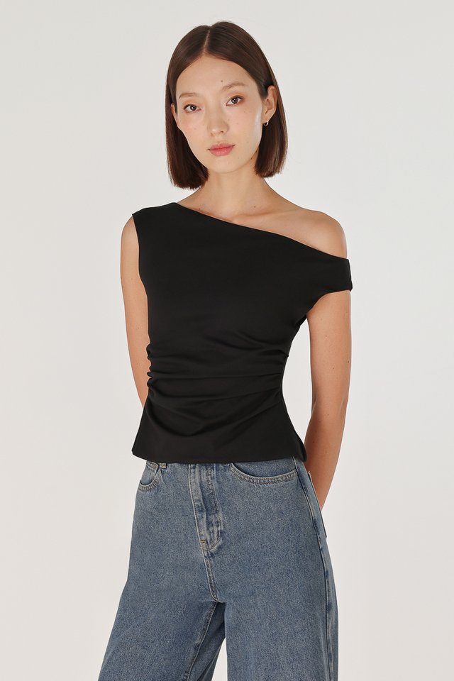 ELOUISA OFF SHOULDER SIDE RUCHED TOP (BLACK)