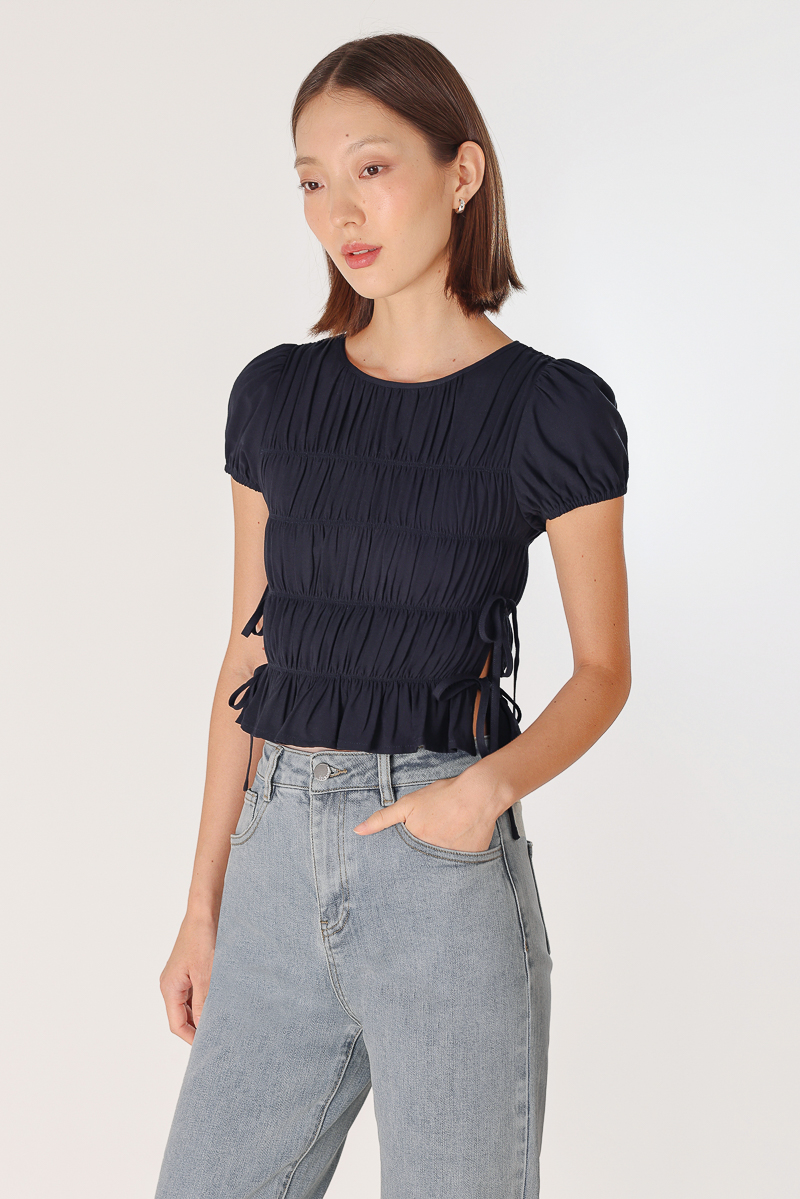 MORGANNA SHIRRED PUFF SLEEVE RIBBON-TIE TOP (NAVY) | Lovet