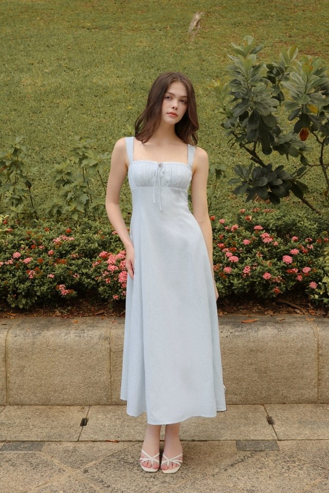 MIDSUMMER PADDED RUCHED RIBBON TRIM MIDAXI DRESS (BLUE)
