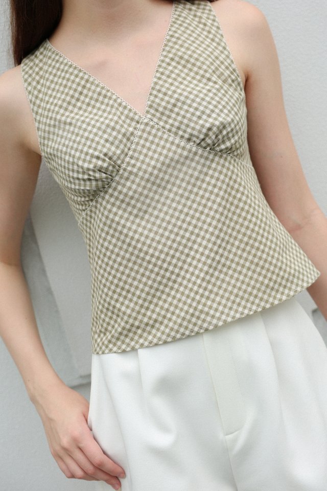 LIARA GINGHAM V-NECK PICOT TRIMMING TOP (GREEN)