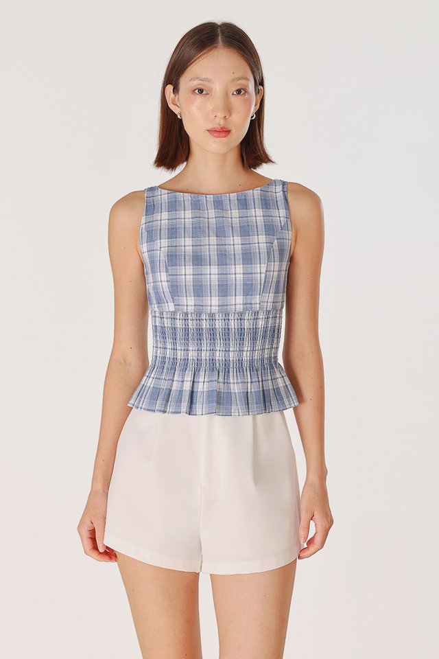 CORALINE PADDED PLAID SMOCKED WAIST TIE-RIBBON TOP (BLUE PLAID)