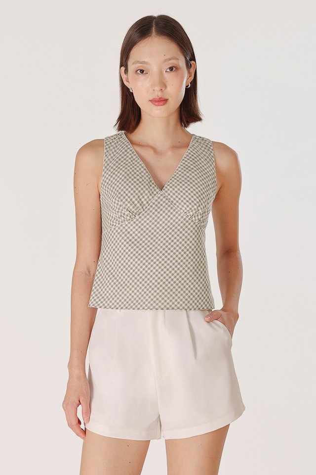 LIARA GINGHAM V-NECK PICOT TRIMMING TOP (GREEN)