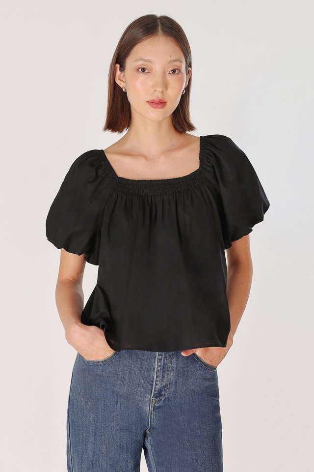 ZAPHIRA PADDED SMOCKED NECK BUBBLE SLEEVE TIE-BACK BLOUSE (BLACK)