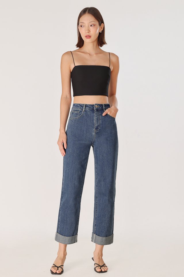 HOME RUN CUFFED DENIM MOM JEANS - REGULAR (DARK WASHED)