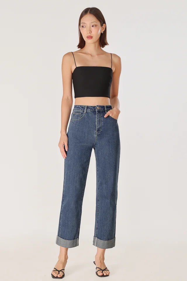 HOME RUN CUFFED DENIM MOM JEANS - REGULAR (DARK WASHED)