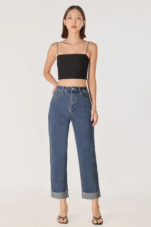 HOME RUN CUFFED DENIM MOM JEANS - REGULAR (DARK WASHED)