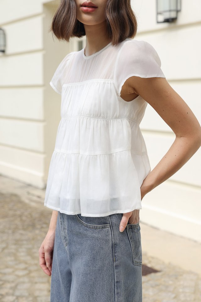 RAEGAN SHEER RUCHED BABYDOLL TOP (WHITE)