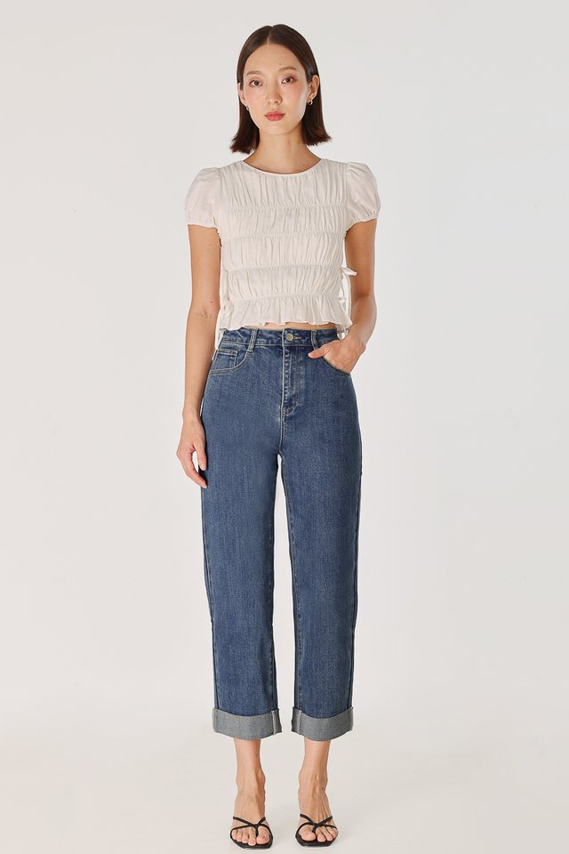 HOME RUN CUFFED DENIM MOM JEANS - PETITE (DARK WASHED)