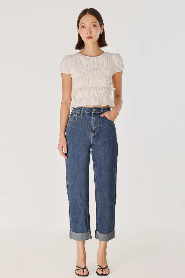 HOME RUN CUFFED DENIM MOM JEANS - PETITE (DARK WASHED)