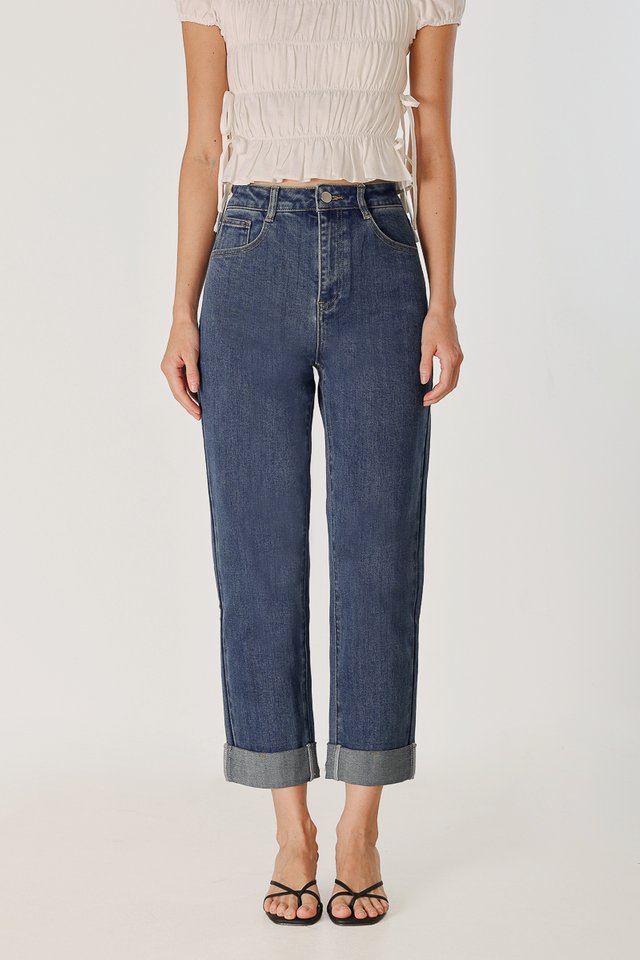 HOME RUN CUFFED DENIM MOM JEANS - PETITE (DARK WASHED)