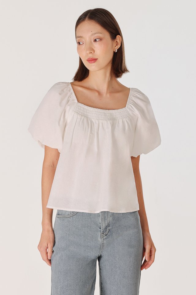 ZAPHIRA PADDED SMOCKED NECK BUBBLE SLEEVE TIE-BACK BLOUSE (WHITE)