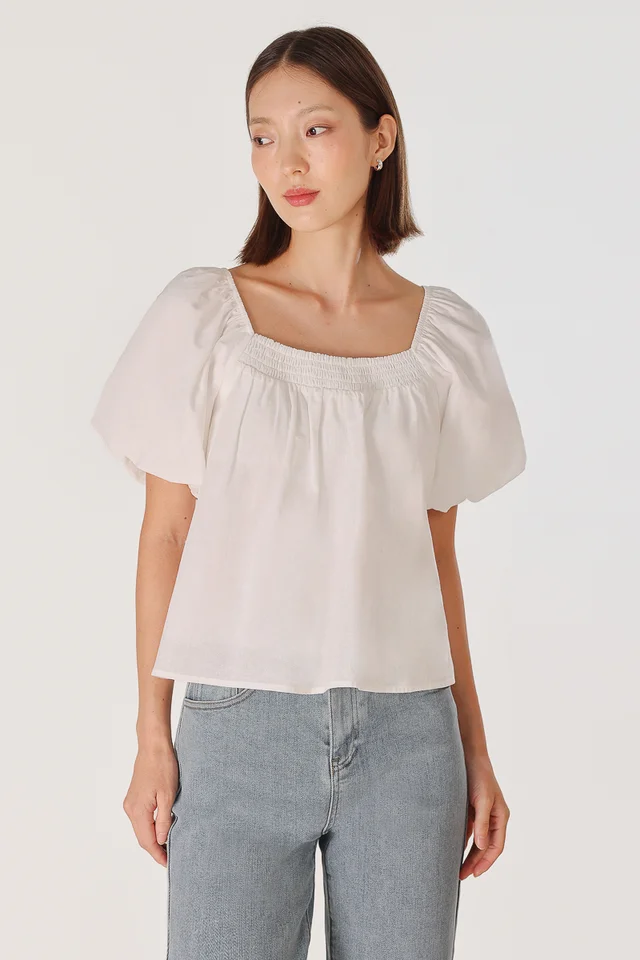 ZAPHIRA PADDED SMOCKED NECK BUBBLE SLEEVE TIE-BACK BLOUSE (WHITE)