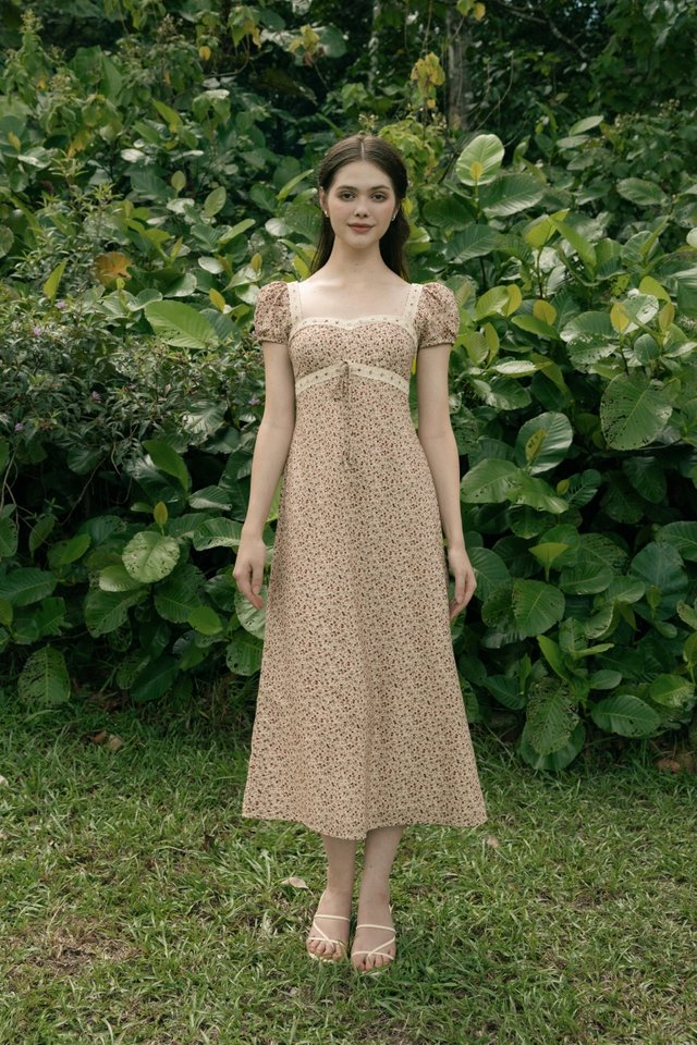 ALAIYA PADDED FLORAL EYELET INSERT PUFF SLEEVE MAXI DRESS