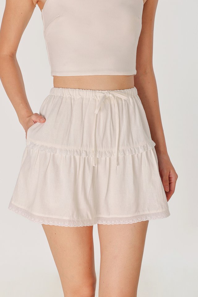CLARISSE LINEN EYELET TRIM RIBBON SKORTS