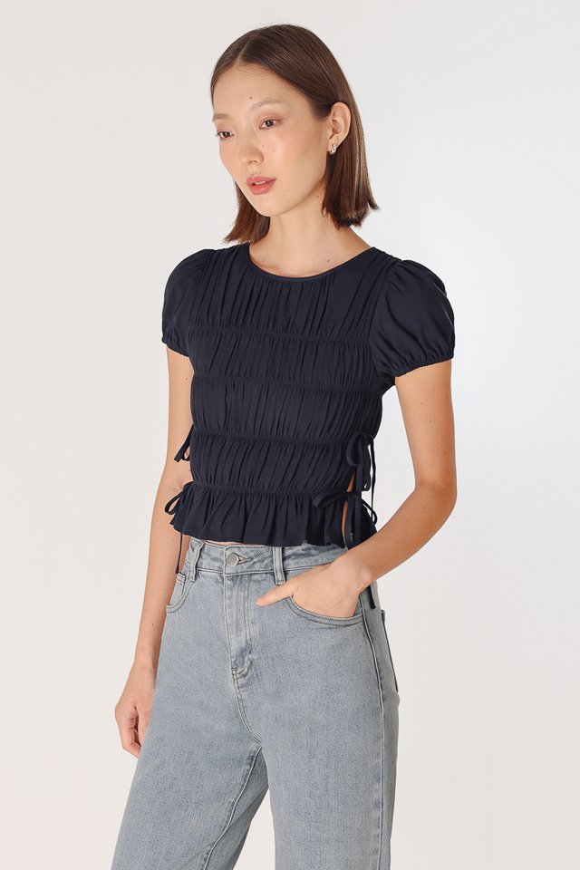 MORGANNA SHIRRED PUFF SLEEVE RIBBON-TIE TOP (NAVY)