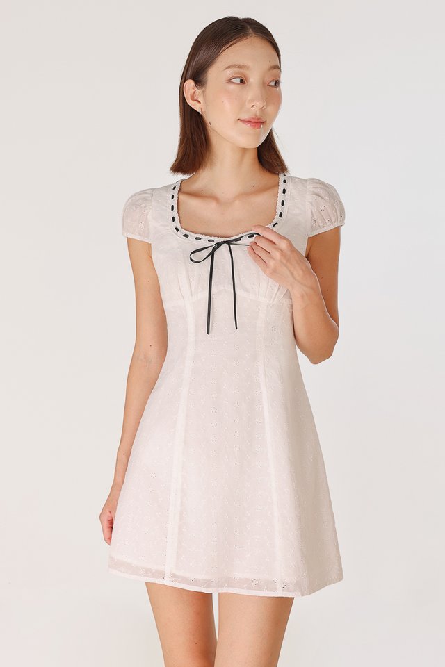 DOTTIE PADDED EYELET CONTRAST RIBBON SCOOP NECK DRESS