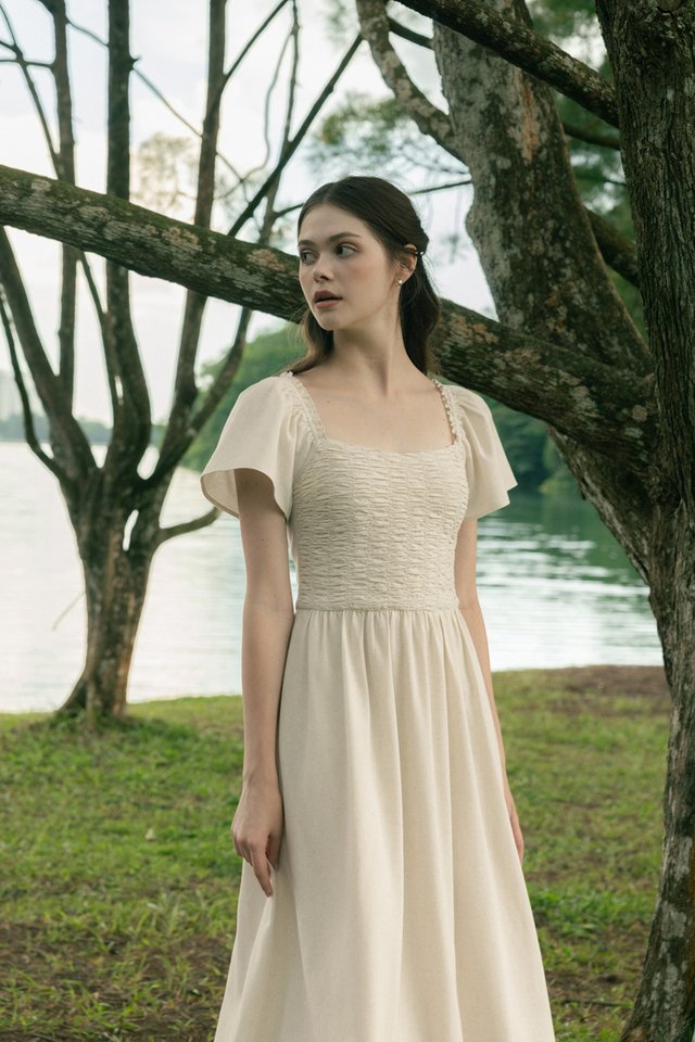EDELYN PADDED RUCHED FLUTTER SLEEVE MAXI DRESS (OAT)