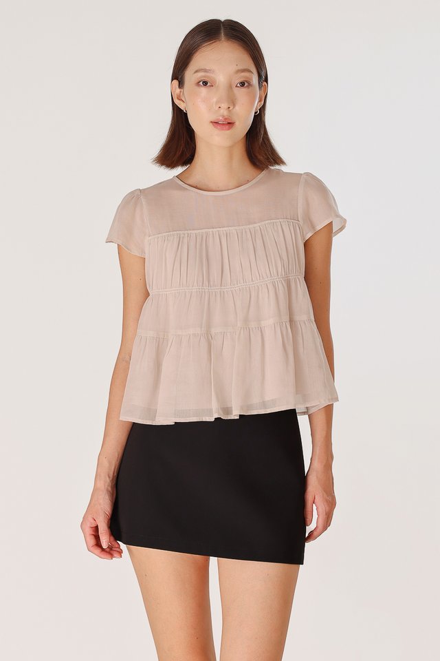 RAEGAN SHEER RUCHED BABYDOLL TOP (TAUPE)