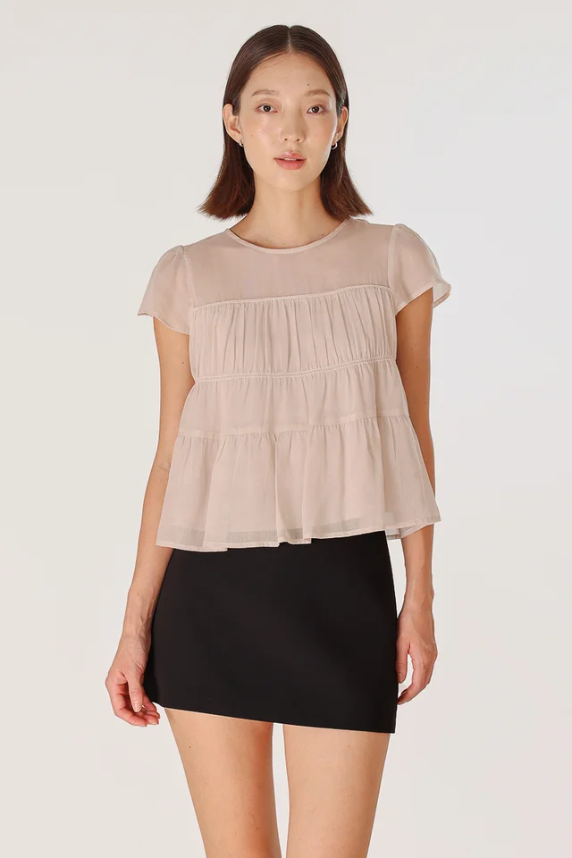 RAEGAN SHEER RUCHED BABYDOLL TOP (TAUPE)