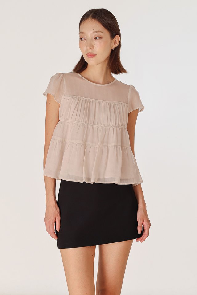 RAEGAN SHEER RUCHED BABYDOLL TOP (TAUPE)